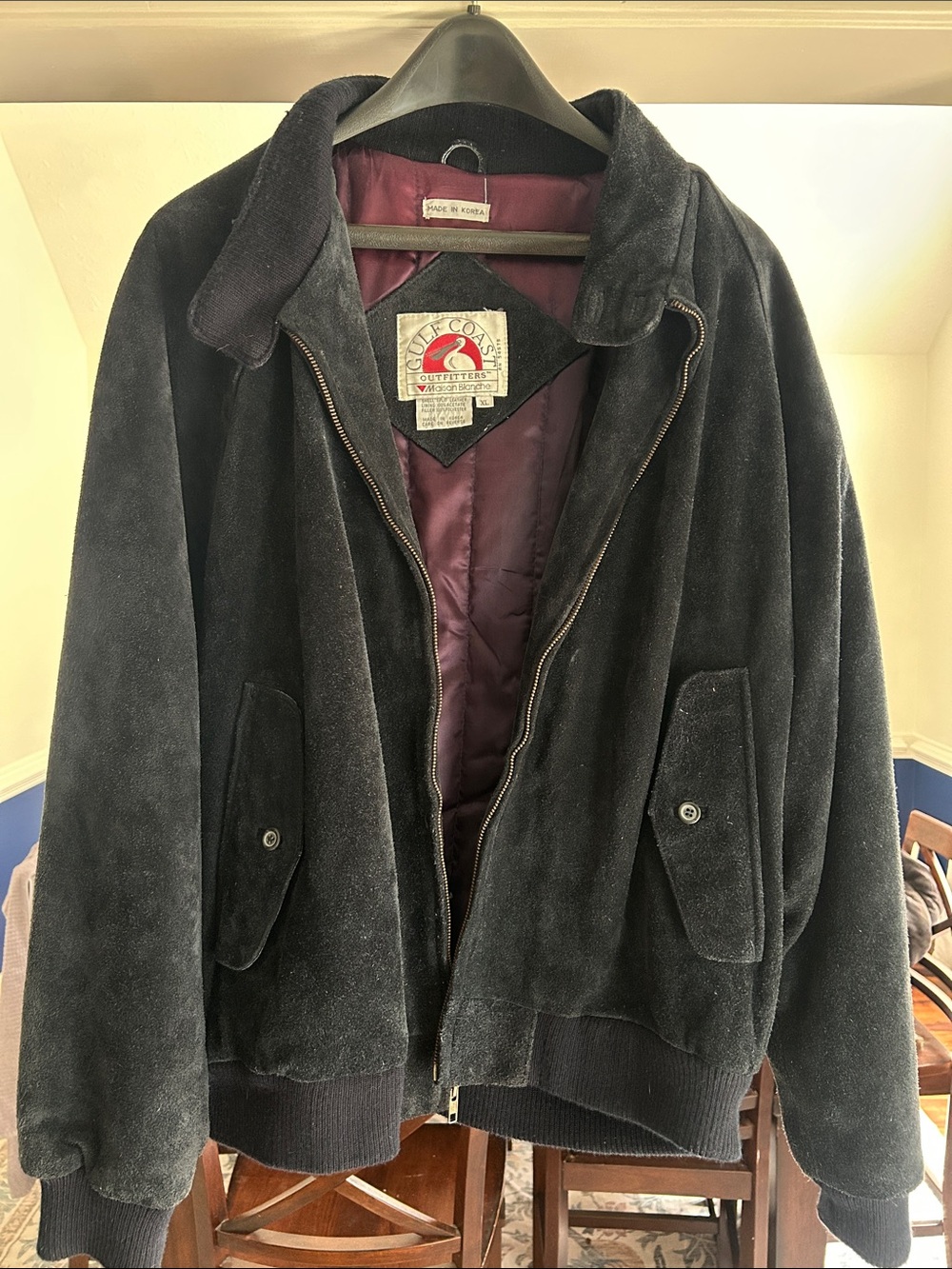 Navy Suede Bomber Jacket with Quilted Plum Lining